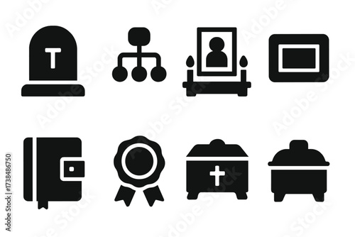 Ancestral Heritage Icons. Solid, filled icon set of ancestral heritage: tombstone, genealogy chart, ancestral altar, family heirloom, memorial plaque, old