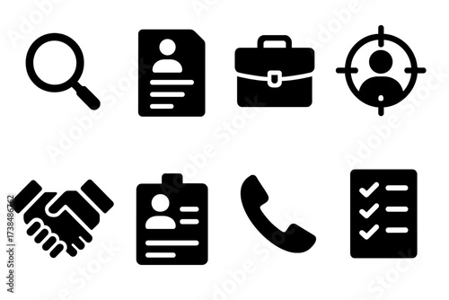 Headhunter Icon Set. Solid, filled icon set of headhunter: magnifying glass, resume, briefcase, target, handshake, candidate profile, phone call, checklist.