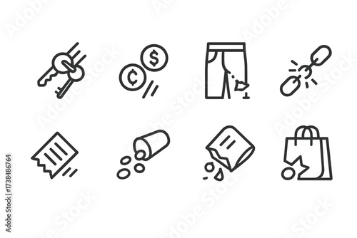 Lost Valuables Icons. Outline icon set of lost valuables: slipping keys, dropping coins, falling wallet, torn pocket, broken chain, lost receipt, spilled