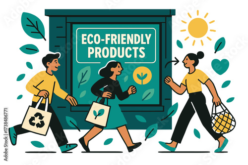 Eco-Friendly Shopping Vibes. Sustainable retail. Shop window glowing with ?Eco-friendly products? sign, shoppers carrying reusable bags. Floating leaves and