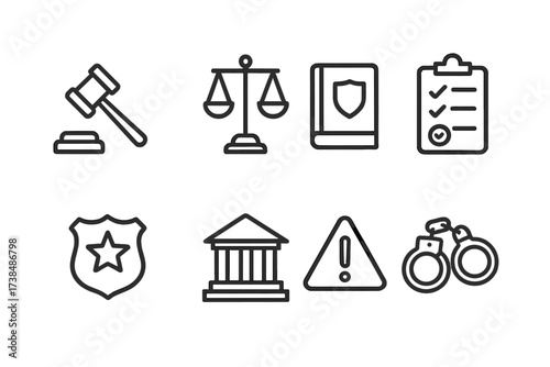 Dark Money Icon Set. Outline icon set of dark money regulations: gavel, legal scales, law book, compliance checklist, police badge, court building, warning