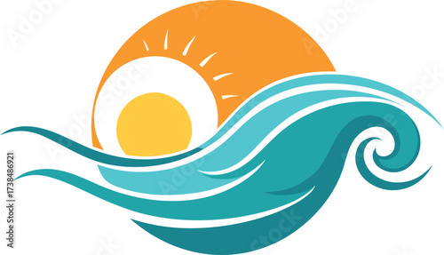Vector art of stylized image of a sun and ocean waves, representing summer, vacation, or a beach getaway
