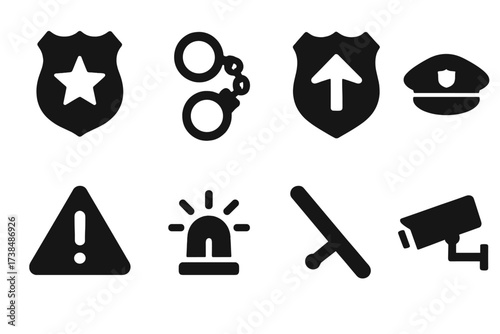 Border Enforcement Icons. Solid, filled icon set of border enforcement: badge, handcuffs, patrol shield, police hat, warning sign, siren, baton, security