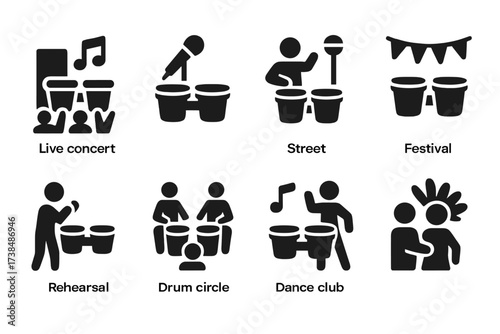 Bongo Performance Icon Set. Solid, filled icon set of bongo performance settings: live concert, studio recording, street performance, festival, rehearsal, drum