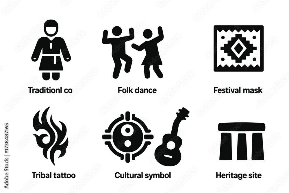 Fototapeta premium Cultural Icon Set. Solid, filled icon set of cultural accents: traditional costume, folk dance, festival mask, ethnic patterns, tribal tattoo, cultural symbol,