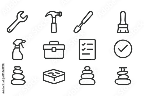 Icon Exercise and Play. Outline icon set of balance board exercises: single leg stand, squats, plank on board, side lunges, balancing twist, toe taps, forward