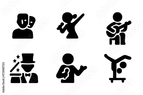Stage Performers Icons. Solid, filled icon set of stage performers: actor, singer, dancer, musician, magician, comedian, acrobat, presenter. Solid, filled