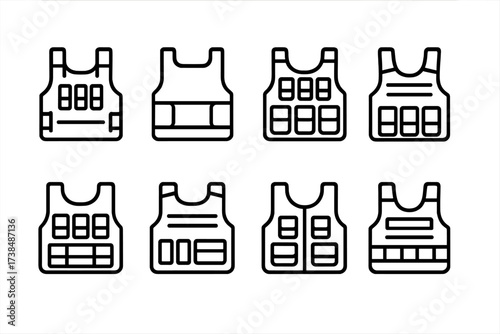 Military Vest Icons. Outline icon set of military vests: tactical vest, plate carrier, combat vest, patrol vest, assault vest, load bearing vest, field vest,