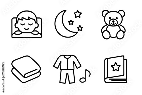 Children's Bedtime Icons. Outline icon set of children?s bedtime: sleeping child, moon and stars, teddy bear, night lamp, blanket, pajamas, lullaby music,