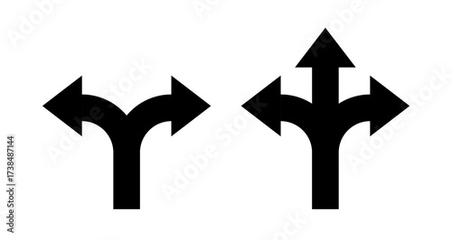 Arrow way 2 direction and 3 road path icon. Crossroad three arrow way, split fork decision