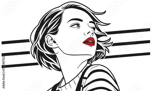  line art portrait of a young woman with bold red lips.
