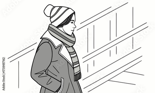  fashion sketch of a woman in winter outfit with scarf