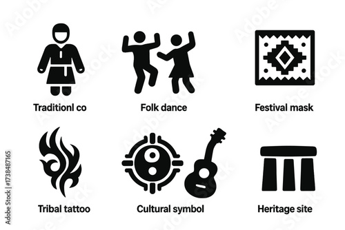 Cultural Icon Set. Solid, filled icon set of cultural accents: traditional costume, folk dance, festival mask, ethnic patterns, tribal tattoo, cultural symbol,