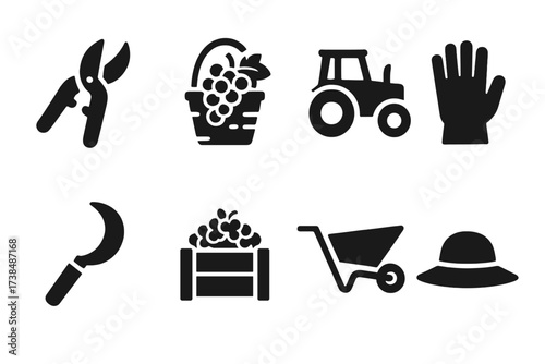 Wine Harvest Icons. Solid, filled icon set of wine harvesting tools: pruning shears, grape basket, tractor, gloves, harvesting knife, crate, wheelbarrow, sun
