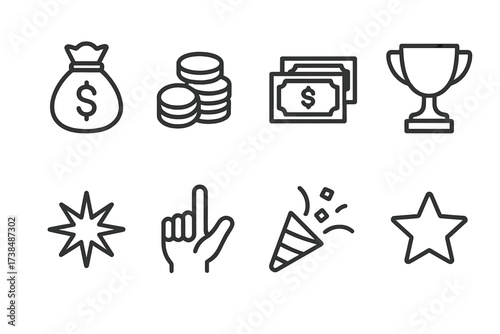 Jackpot Icon Set. Outline icon set of jackpot winnings: cash bag, coins, dollar bills, trophy, jackpot text, star burst, winner hand, confetti. Line icons in