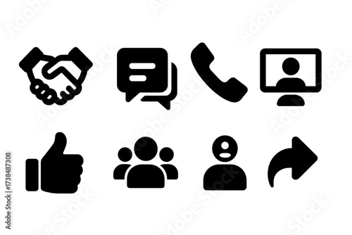 Sender Interaction Icons. Solid, filled icon set of sender interaction: handshake, message exchange, phone call, video chat, thumbs up, user group,