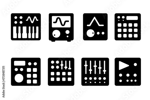 Audio Device Icons. Solid, filled icon set of waveform generation devices: synthesizer, signal generator, oscillator, drum machine, sampler, sequencer, mixer,