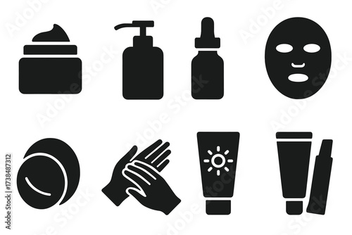 Skincare Icons Grid. Solid, filled icon set of skincare application: cream jar, lotion pump, dropper bottle, face mask, cotton pad, massage hands, sunscreen