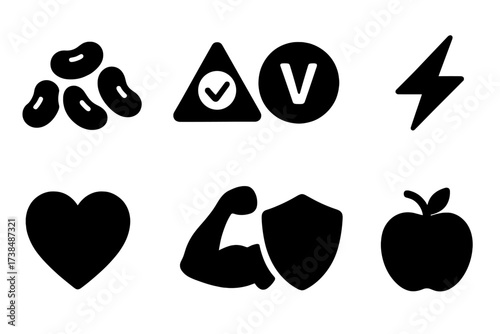 Nutritional Icons Grid. Solid, filled icon set of bulk beans nutrition: protein icon, fiber icon, vitamin icon, energy bolt, heart, muscle, shield, apple.