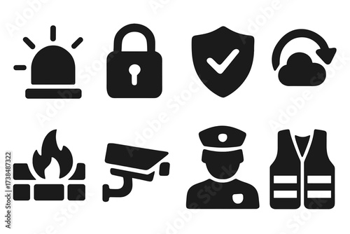 Loss Prevention Icons. Solid, filled icon set of loss prevention: alarm, lock, insurance, backup, firewall, camera, security guard, safety vest. [Solid, filled