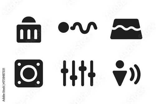 Audio Effects Icons. Solid, filled icon set of recording effects: reverb, delay, chorus, distortion, compression, equalization, filter, echo. Solid, filled