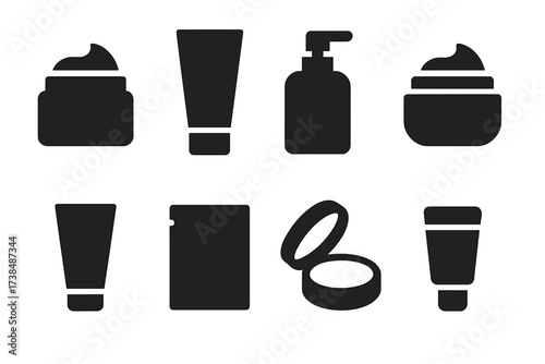 Cream Packaging Icons. Solid, filled icon set of cream balm packaging: jar, tube, pump bottle, pot, squeeze tube, sachet, compact container, travel-size tube.