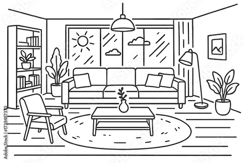 Spacious Living Room Doodle. Hand-drawn doodle illustration Spacious living room design large sofa, open floor, floor lamp, rug, bookshelf, coffee table,