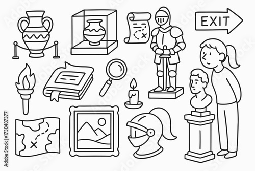 Museum Artifact Doodles. Hand-drawn doodle illustration Viewing artifacts in museum ancient vase, display case, knight armor, scroll, statue bust, old book,