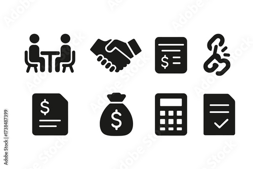 Debt Settlement Icons. Solid, filled icon set of debt settlement: negotiation table, handshake, payment plan, broken chain, debt document, money bag,