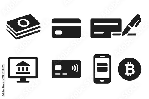 Payment Methods Icons. Solid, filled icon set of payment methods: cash stack, debit card, credit card, checkbook, online banking, contactless card, mobile pay,