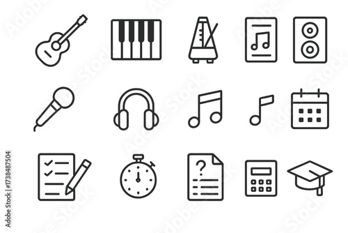 Music and Exam Icons. Outline icon set of music practice: guitar, piano keys, metronome, sheet music, microphone, headphones, music notes, speaker. Line icons