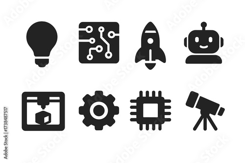 Innovation Icons Grid. Solid, filled icon set of innovation initiatives: lightbulb, circuit board, rocket, AI robot, 3D printer, gear, microchip, telescope.