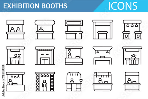 Exhibition Booths Icon Set for Trade Shows, Marketing, and Business Events