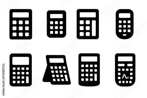 Calculator Icon Set. Solid, filled icon set of calculator brand logos: classic calculator, modern calculator, solar calculator, pocket calculator, touchscreen