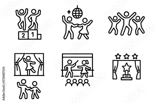 Dance Event Icons. Outline icon set of dance events: dance competition, party, flash mob, recital, rehearsal, concert, dance class, award ceremony. [Line icons