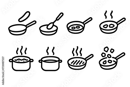Pan Cooking Icon Set. Outline icon set of pan cooking actions: flipping, stirring, frying, sauteing, boiling, simmering, grilling, tossing. Line icons in only