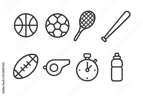 Sports Icon Collection. Outline icon set of sports playtime: basketball, soccer ball, tennis racket, baseball bat, football, whistle, stopwatch, water bottle.