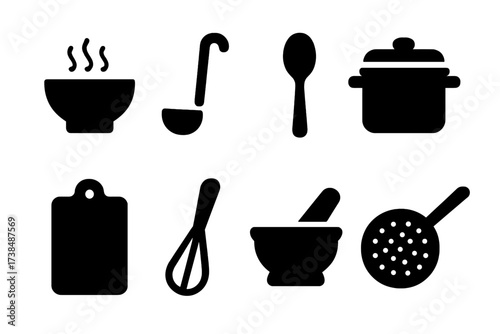 Soup Utensil Icons. Solid, filled icon set of soup utensils: soup bowl, ladle, spoon, pot, chopping board, whisk, mortar and pestle, strainer. Solid, filled