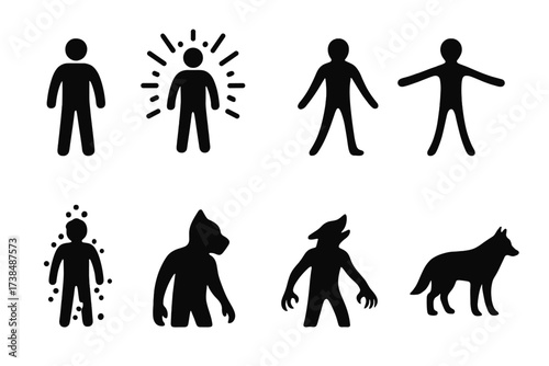 Shape-Shifting Icon Set. Solid, filled icon set of shape-shifting animation frames: base form, energy surge, silhouette shift, stretching limbs, dissolving