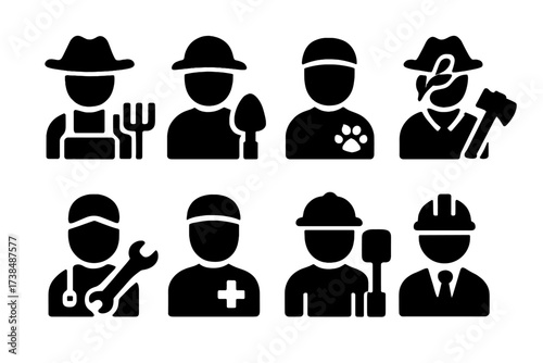Landowner Worker Icons. Solid, filled icon set of landowner workers: farmer, gardener, handyman, forester, vet, laborer, mechanic, overseer. Solid, filled