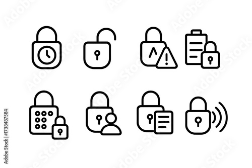 Smart Lock Icon Set. Outline icon set of smart lock features: auto lock, unlock notification, tamper alert, battery status, temporary access, guest access,