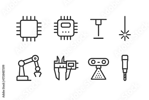 Precision Technology Icons. Outline icon set of precision in technology: circuit chip, microcontroller, sensor, laser beam, robotics arm, digital caliper, 3D