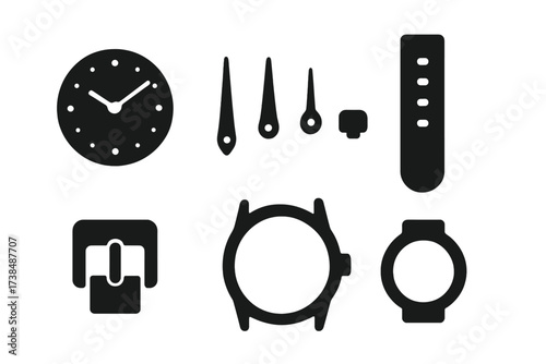 Gold Watch Icon Set. Solid, filled icon set of gold watch parts: watch face, hour hand, minute hand, second hand, crown, strap, buckle, watch case. Solid,