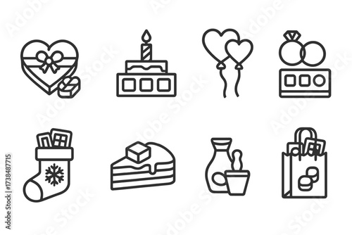 Chocolate Occasion Icons. Outline icon set of chocolate occasions: Valentine?s Day chocolate, birthday chocolate gift, anniversary chocolate box, wedding