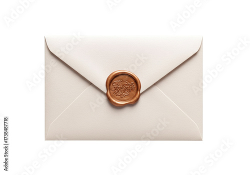 Quadro su tela Elegant ivory envelope with bronze wax seal isolated, invitation mockup for wedd