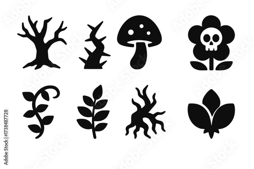 Haunted Flora Icons. Solid, filled icon set of haunted flora: dead tree, thorn bush, glowing mushroom, poisonous flower, creeping ivy, ash leaf, cursed root,