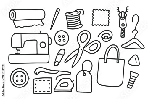 Sewing Essentials Doodle. Hand-drawn doodle illustration Sewing and crafting cloth bags sewing machine, needle, thread spool, scissors, tote bag, button,