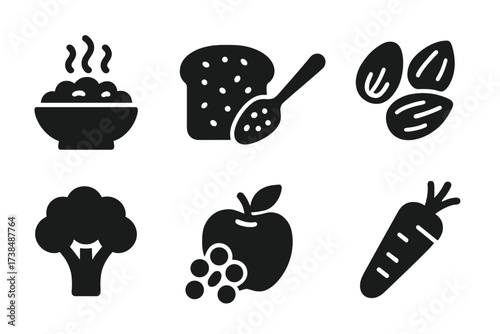 Fiber-Rich Foods Icon Set. Solid, filled icon set of fiber-rich foods: oatmeal, whole grain bread, chia seeds, almonds, broccoli, lentils, apples, carrots.