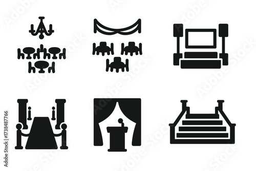 Gala Venue Icon Set. Solid, filled icon set of gala venues and settings: ballroom, banquet hall, stage, podium, red carpet entrance, curtains, spotlight, grand
