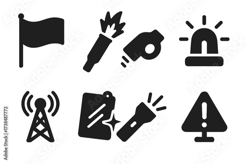 Rescue Signal Icons. Solid, filled icon set of rescue signals: SOS flag, flare, whistle, emergency beacon, radio transmitter, signal mirror, flashlight,